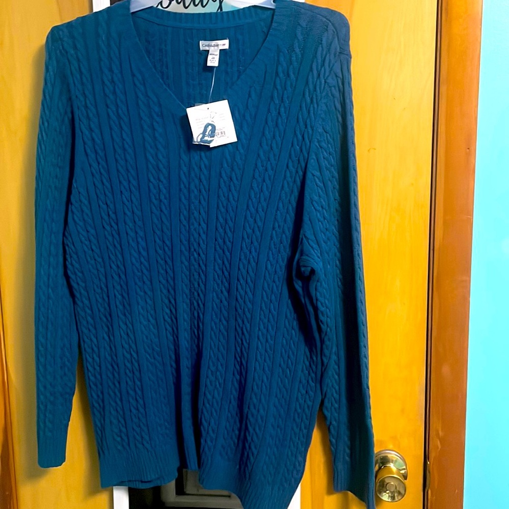 NWT Teal vneck cable knit style sweater